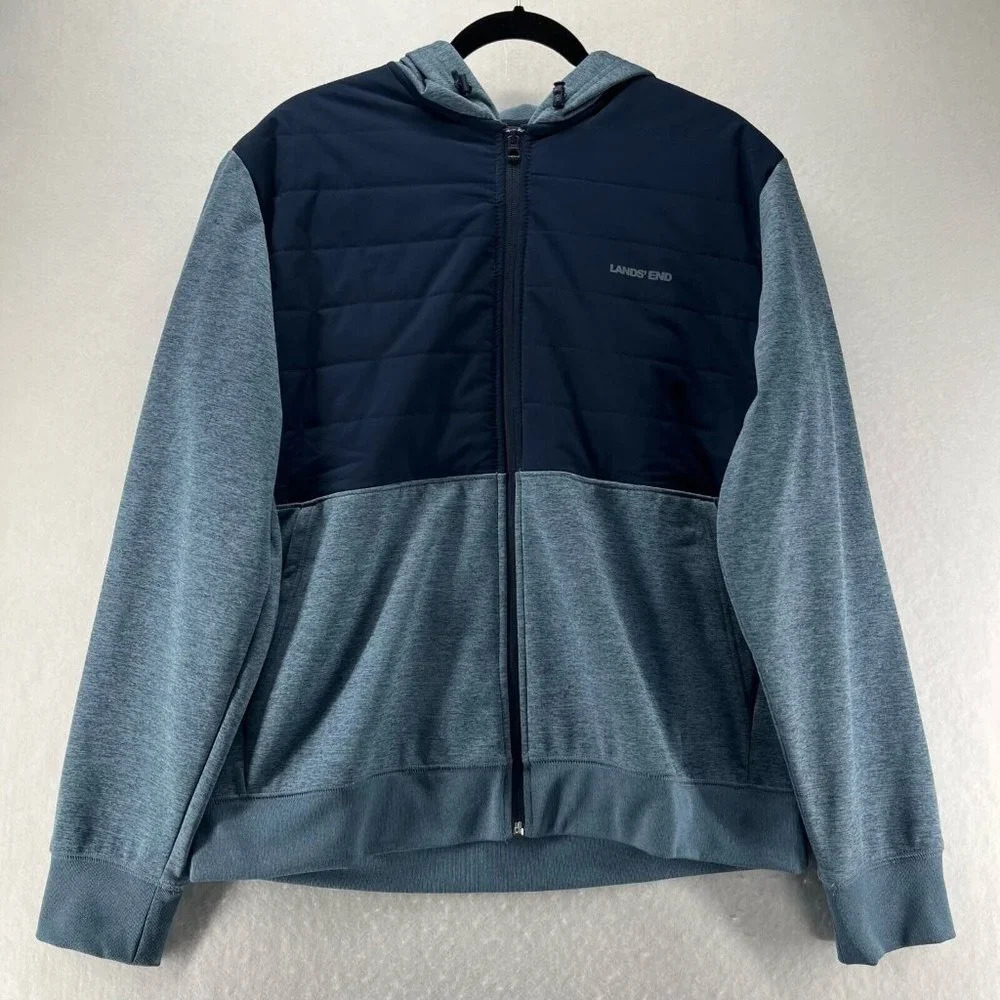 Lands' End Jacket Mens Size L 42-44 Puffer Fleece Lined Hoodie Full Zip Blue